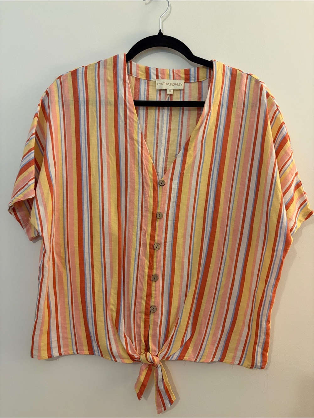Cynthia Rowley Multicolor Stripe Button-Front Tie Hem Top